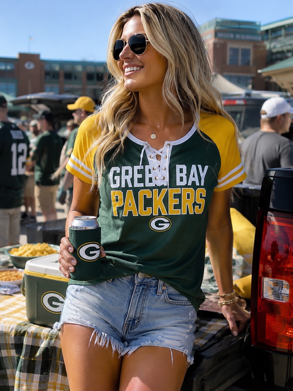 GREEN BAY PACKERS WOMENS GREEN GOLD LACE UP SHORT SLEEVE T-SHIRT SIZE SMALL